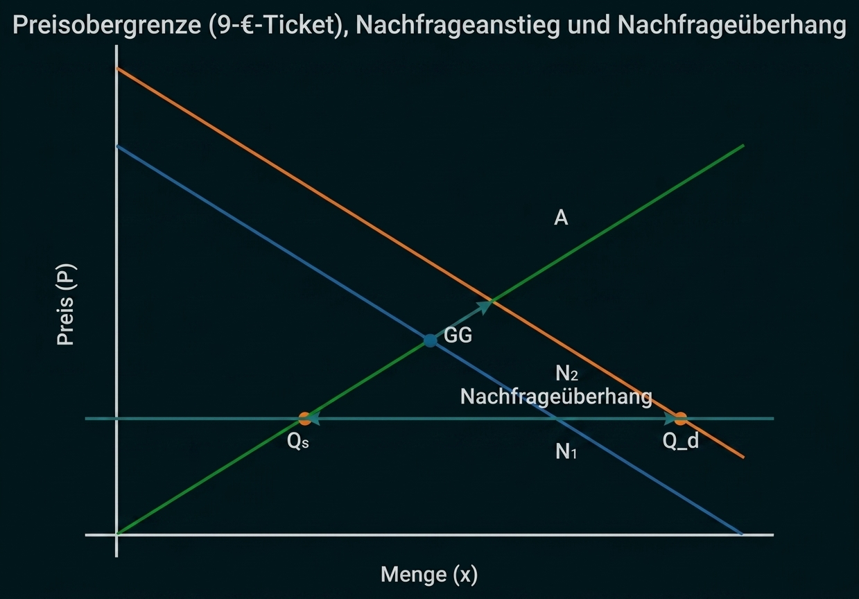 Angebot- und Nachfragekurven mit Preisobergrenze (9€), verschobener Nachfrage, Gleichgewichtspunkt und Nachfrageüberhang